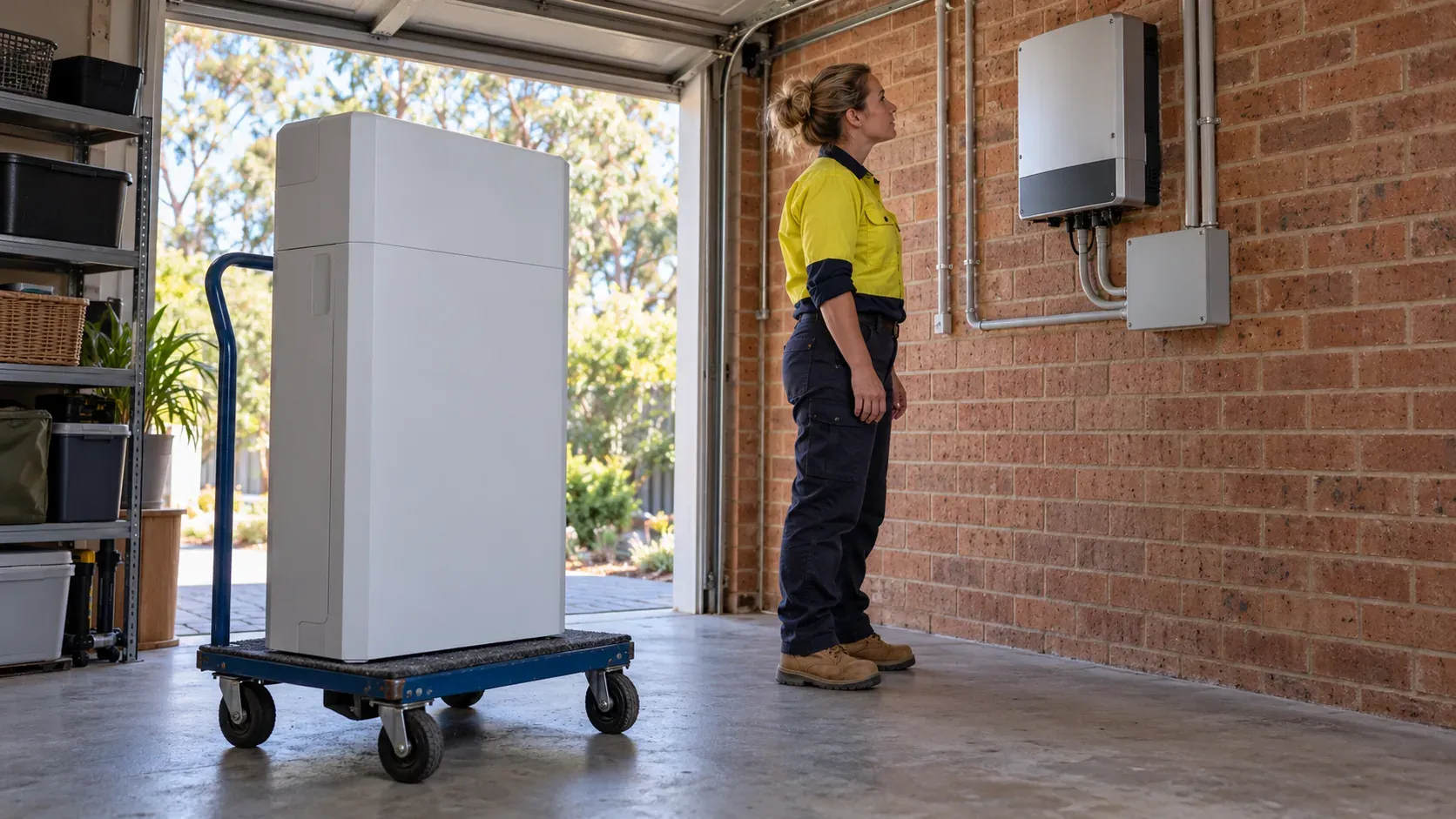 Electrician assesses an inverter to add battery to existing solar in an Australian garage