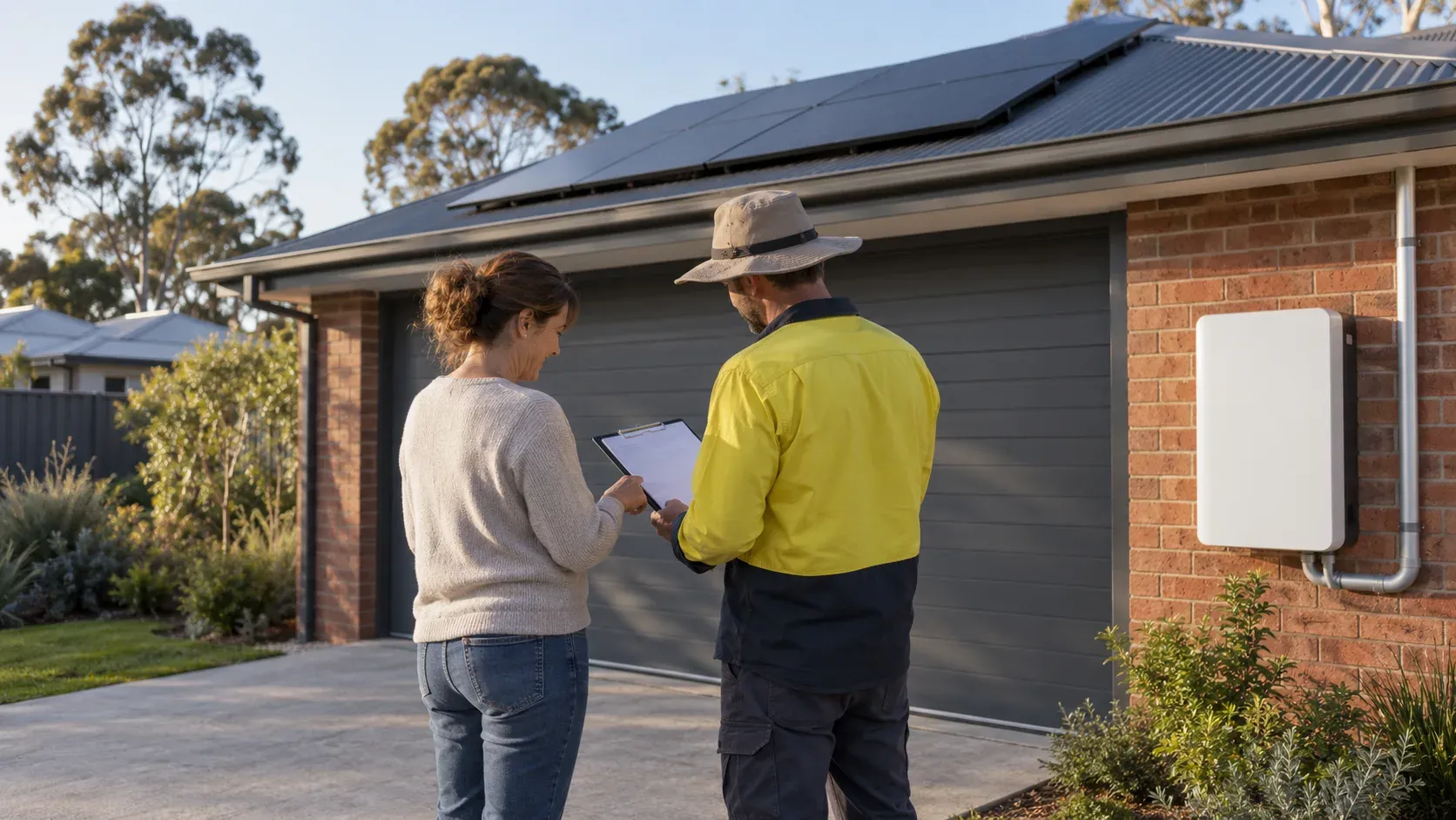 Electrician and homeowner reviewing a clipboard beside a home battery at an Australian house
