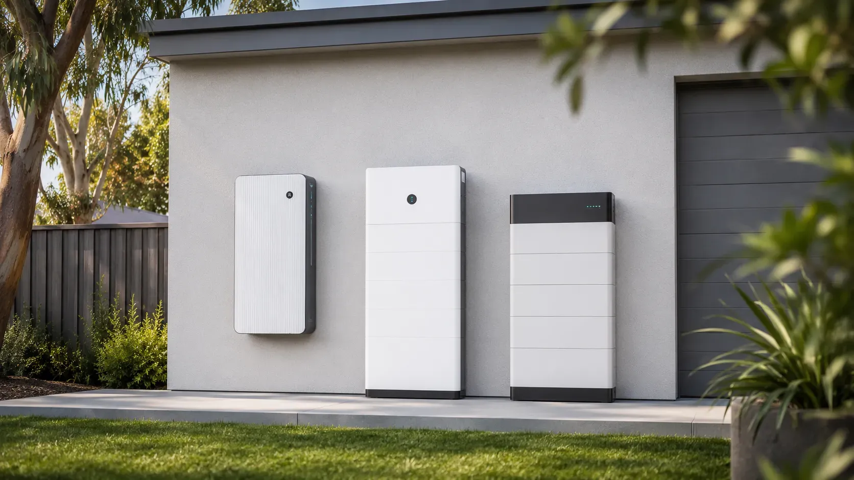 Three modern home battery systems side by side against a rendered garage wall