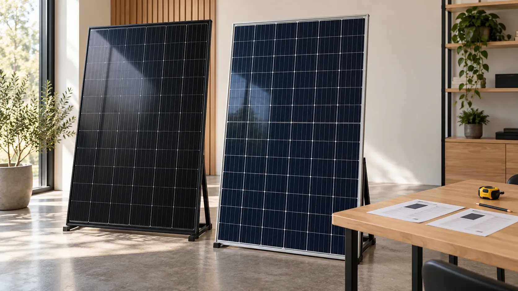 Two solar panels displayed beside a table with specification sheets