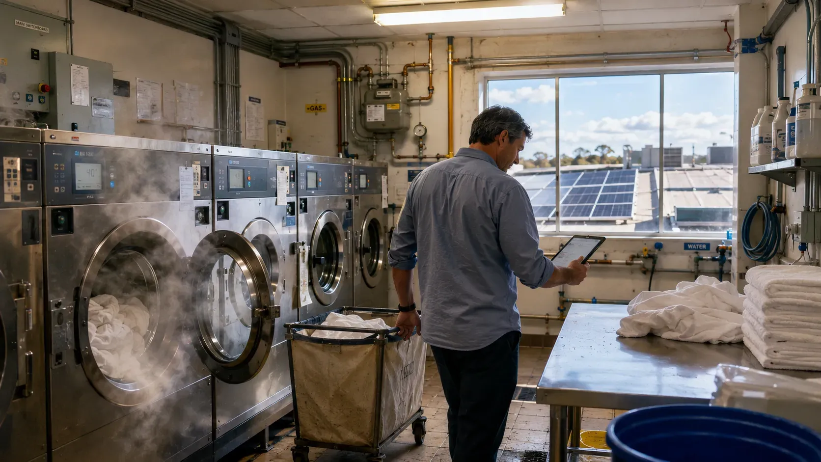 Facility manager reviewing a tablet in a commercial laundry with rooftop solar visible outside