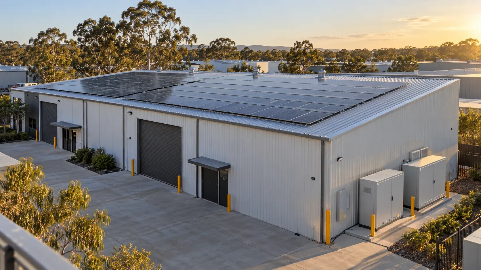 Australian warehouse with commercial solar panels and unbranded battery cabinets beside the building