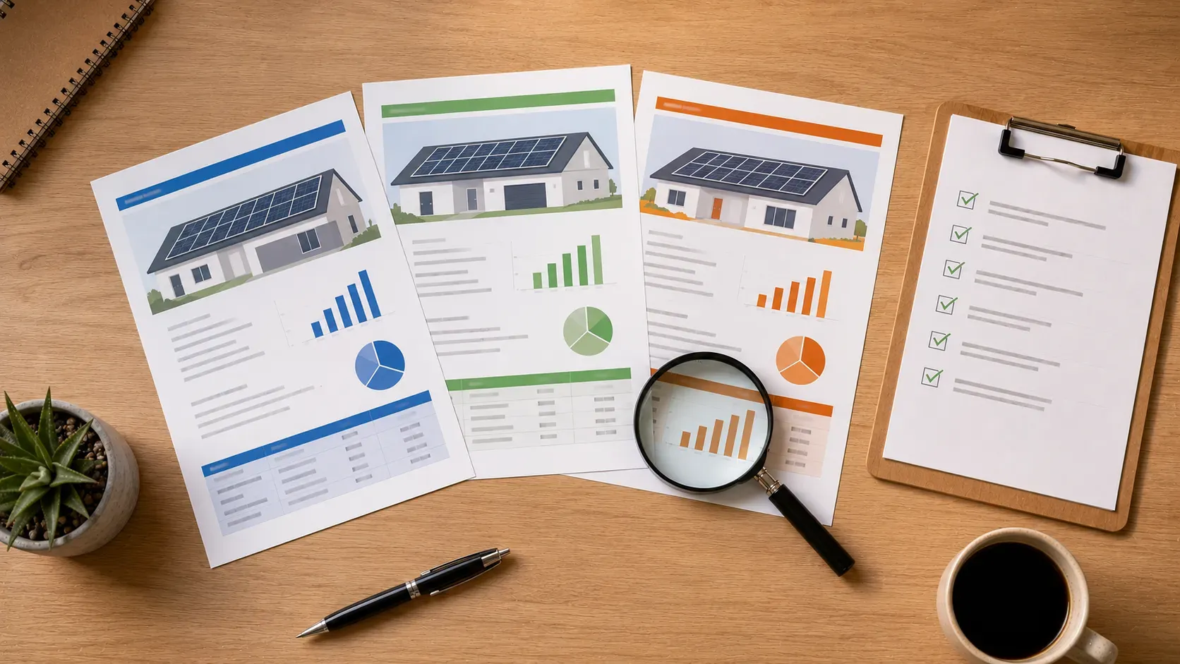 Three solar quotes fanned out beside a ticked comparison checklist