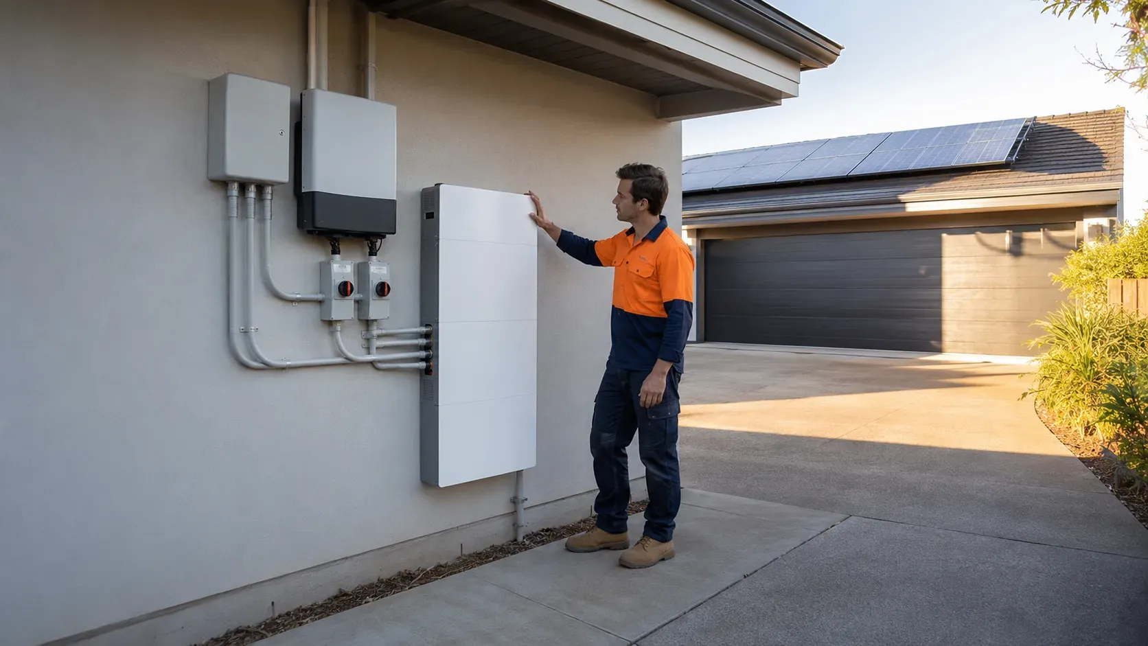 Installer commissioning a wall-mounted home battery on an Australian home with rooftop solar above
