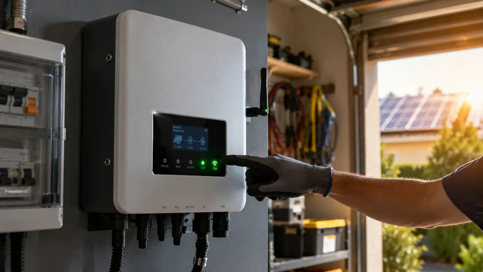 Installer checking the connectivity display of a modern smart solar inverter