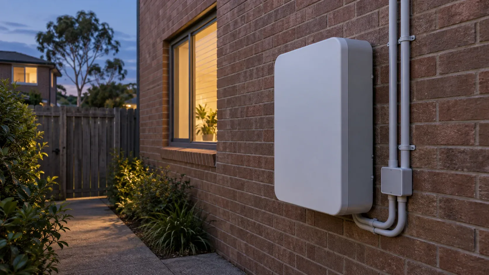 Unbranded home battery on a suburban brick wall illustrating the NSW battery rebate