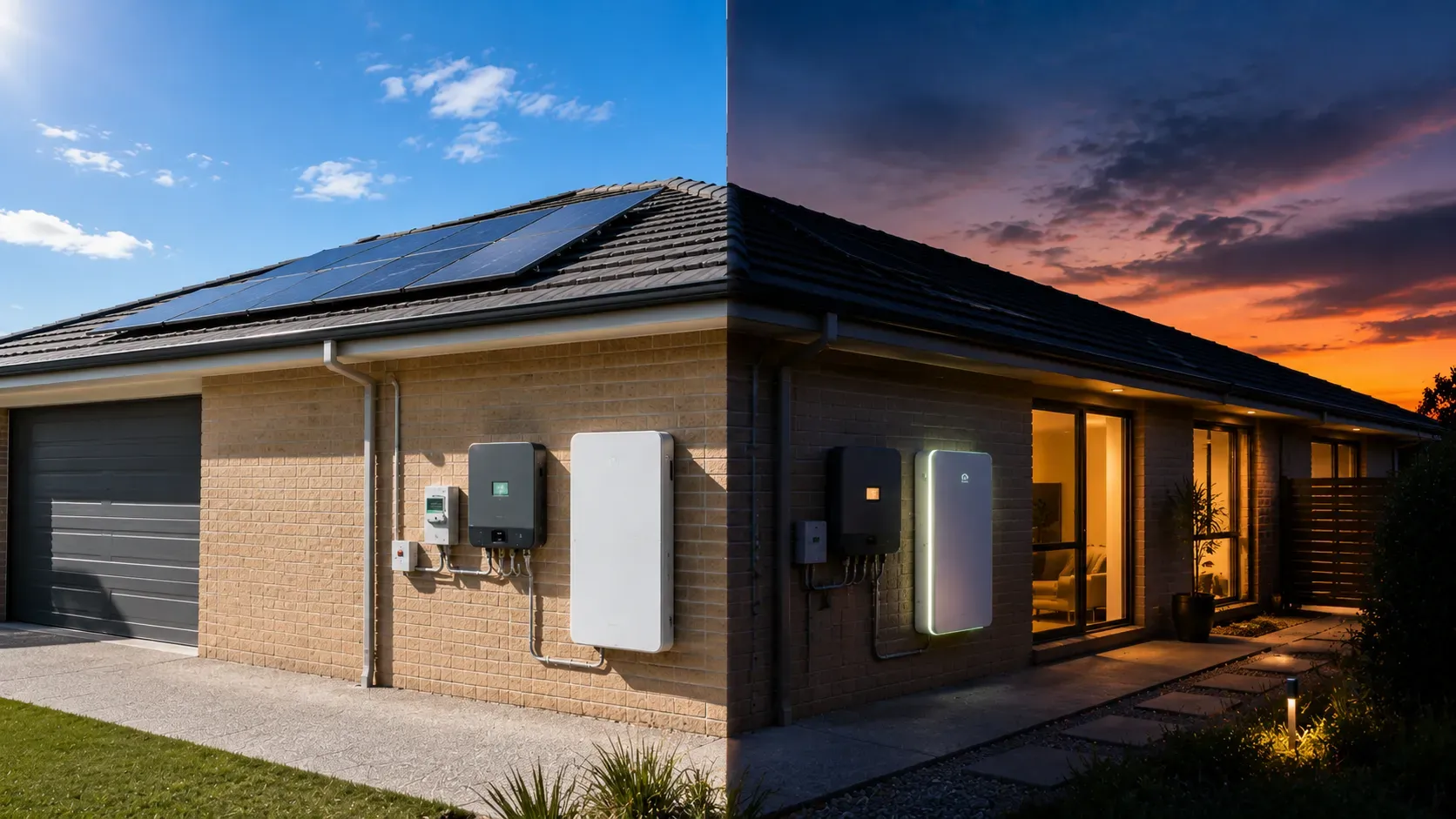 Australian house split between daytime solar generation and evening battery power