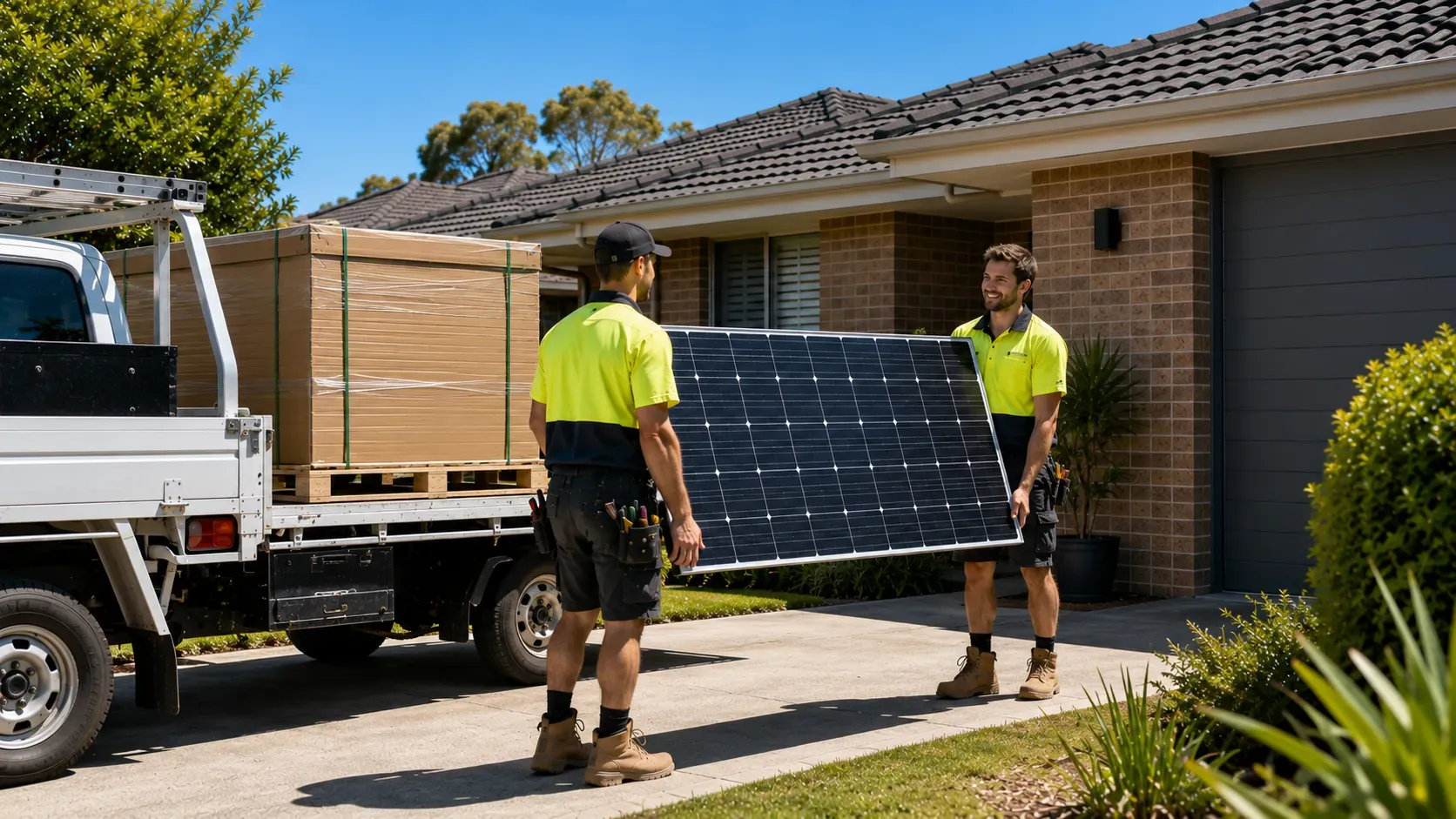 Two installers unloading new solar panels from a ute in front of an Australian home