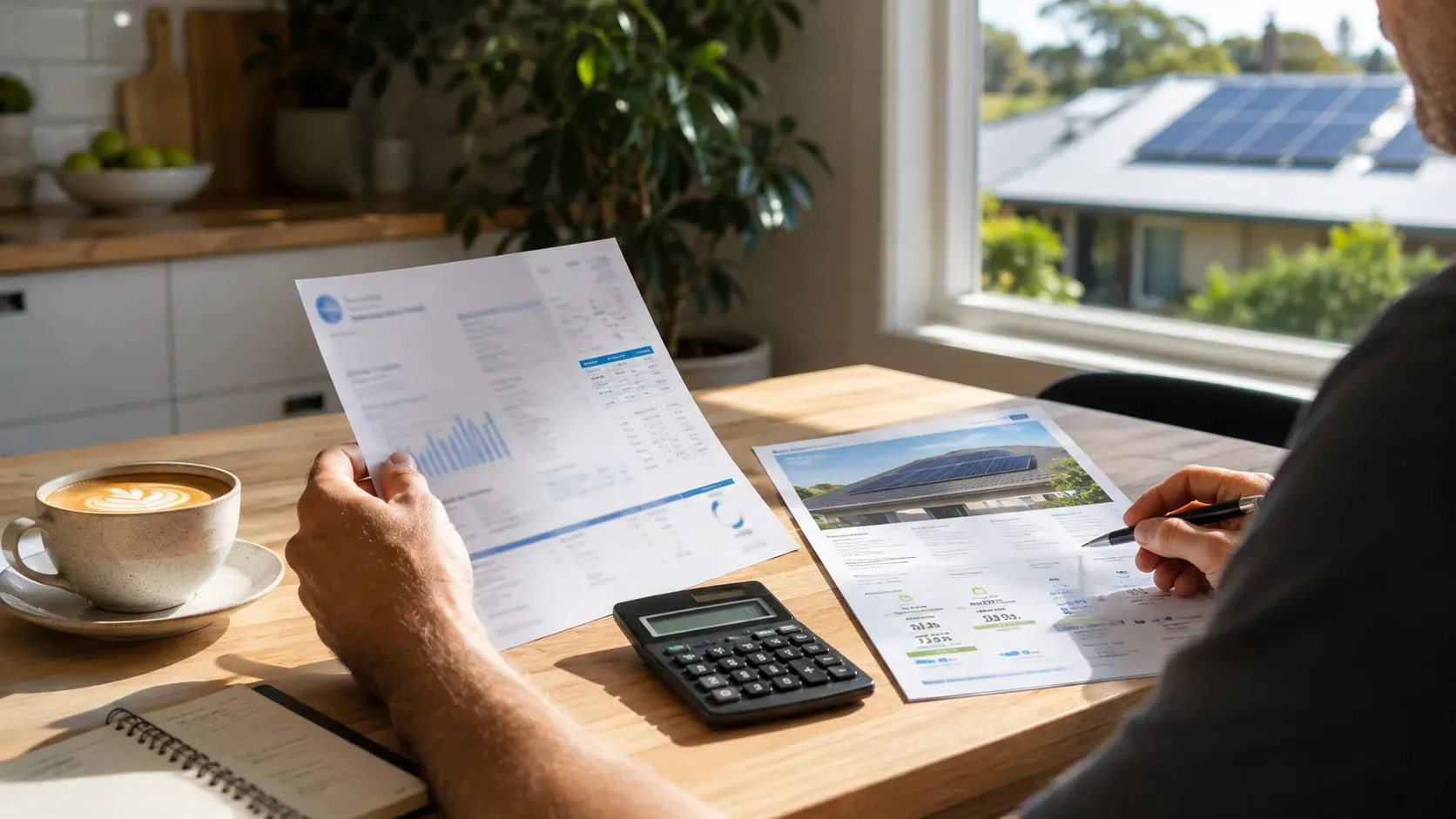 Homeowner comparing an electricity bill and a solar quote at the kitchen table