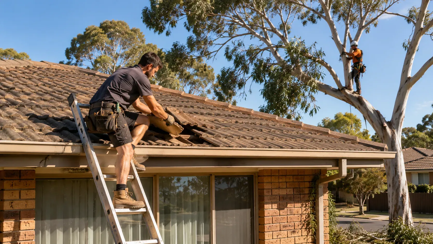 Tradesperson on a ladder inspecting a tiled roof before solar panels are installed