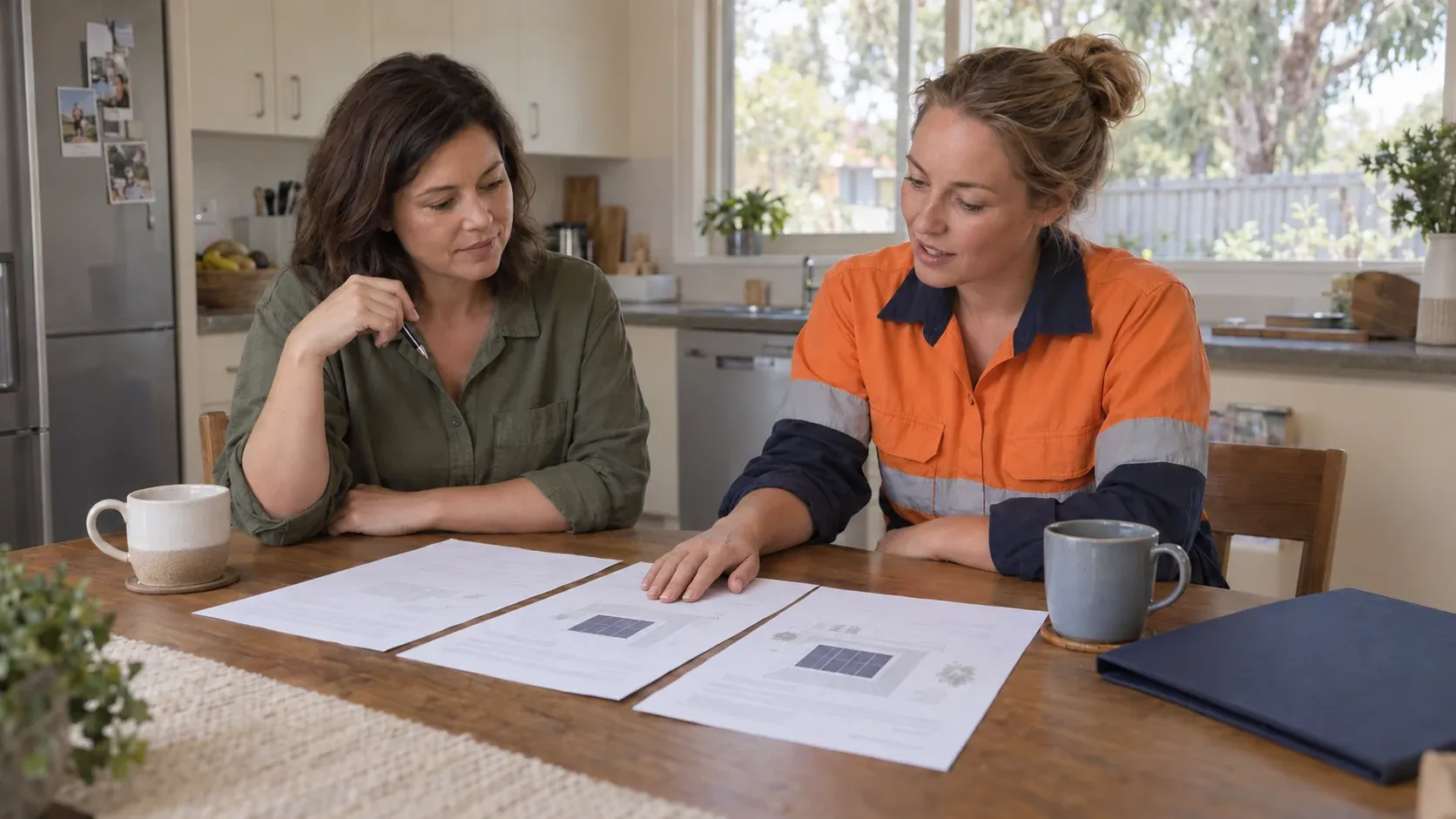 Homeowner and solar installer review installation quotes at a kitchen table in Victoria