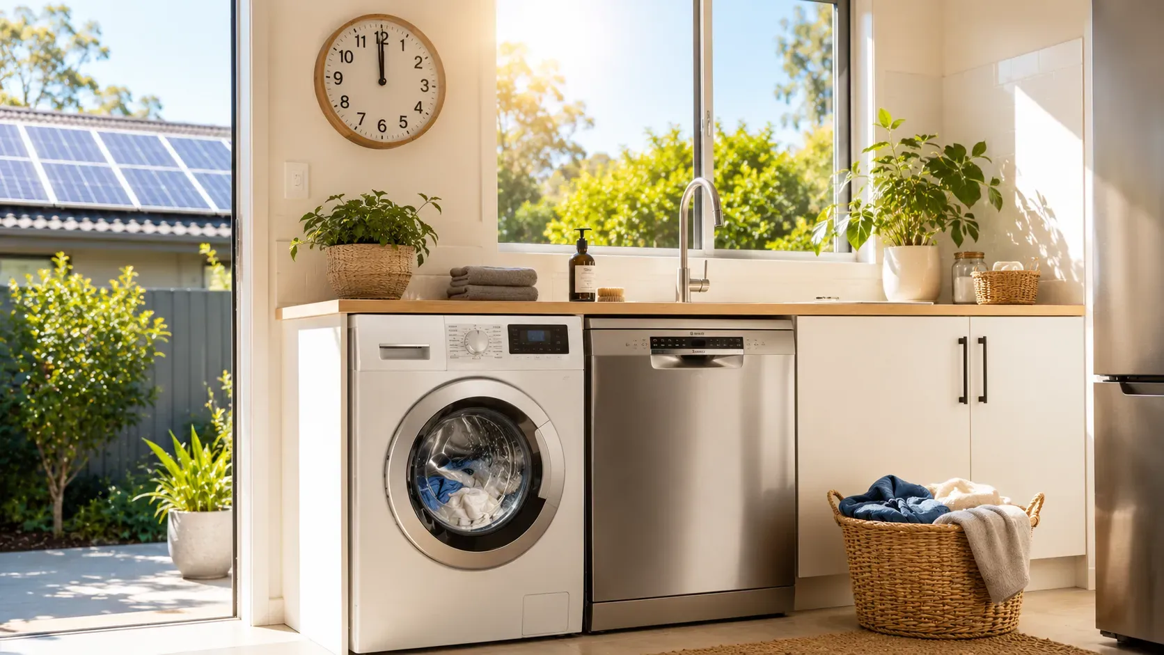 Washing machine and dishwasher running in a sunlit Australian home at midday