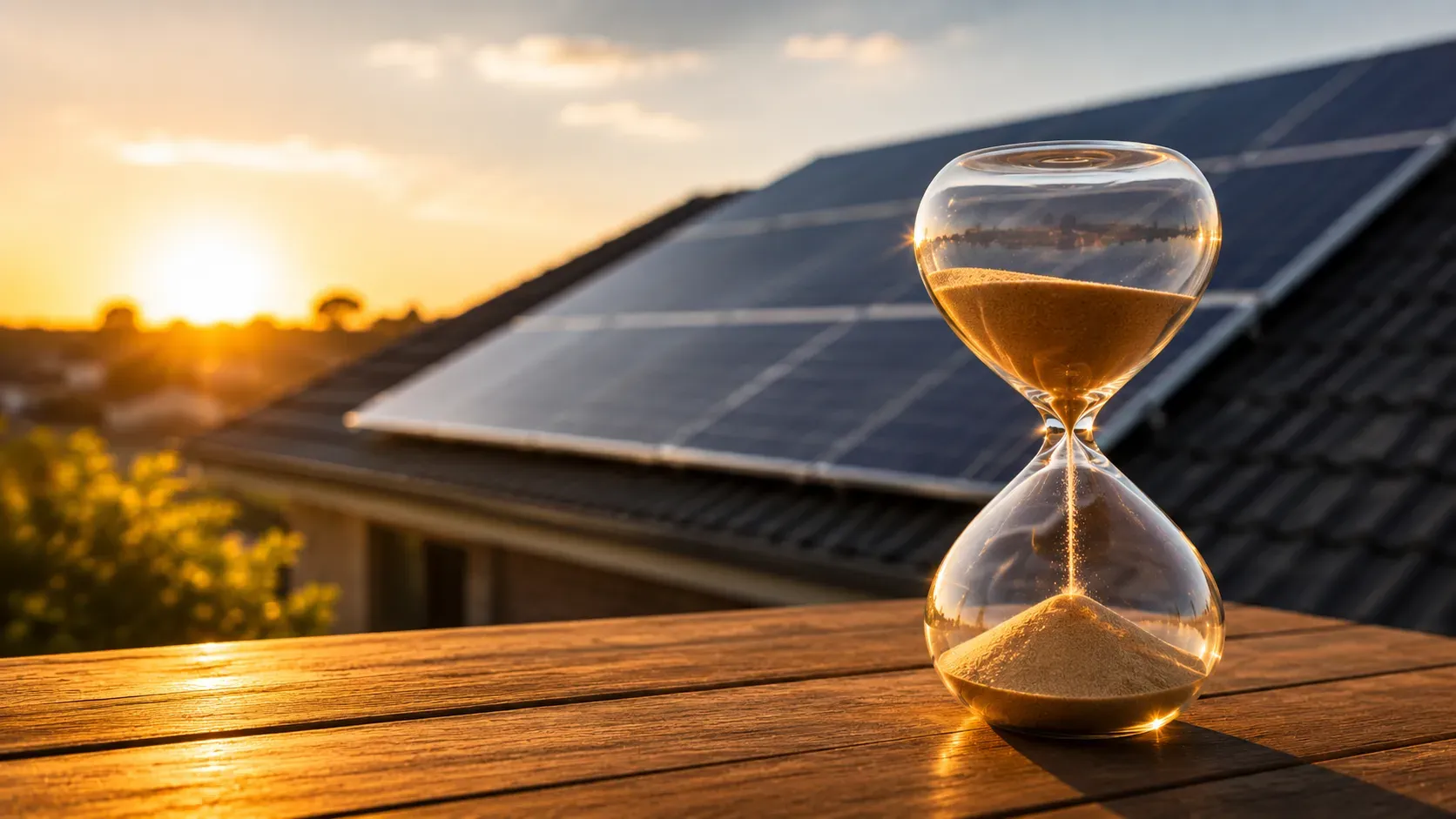 Hourglass with falling sand in front of a sunlit Australian solar rooftop