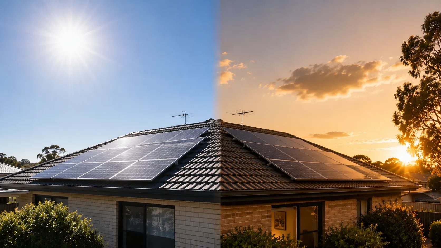 The same solar rooftop split between harsh midday sun and golden evening light