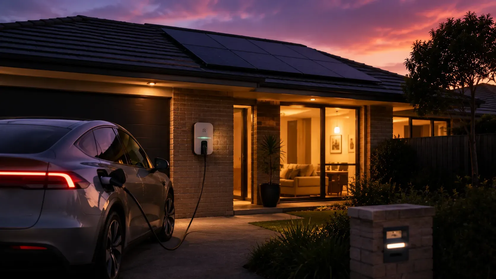 Electric car connected to a bidirectional home charger at dusk with a solar roof behind