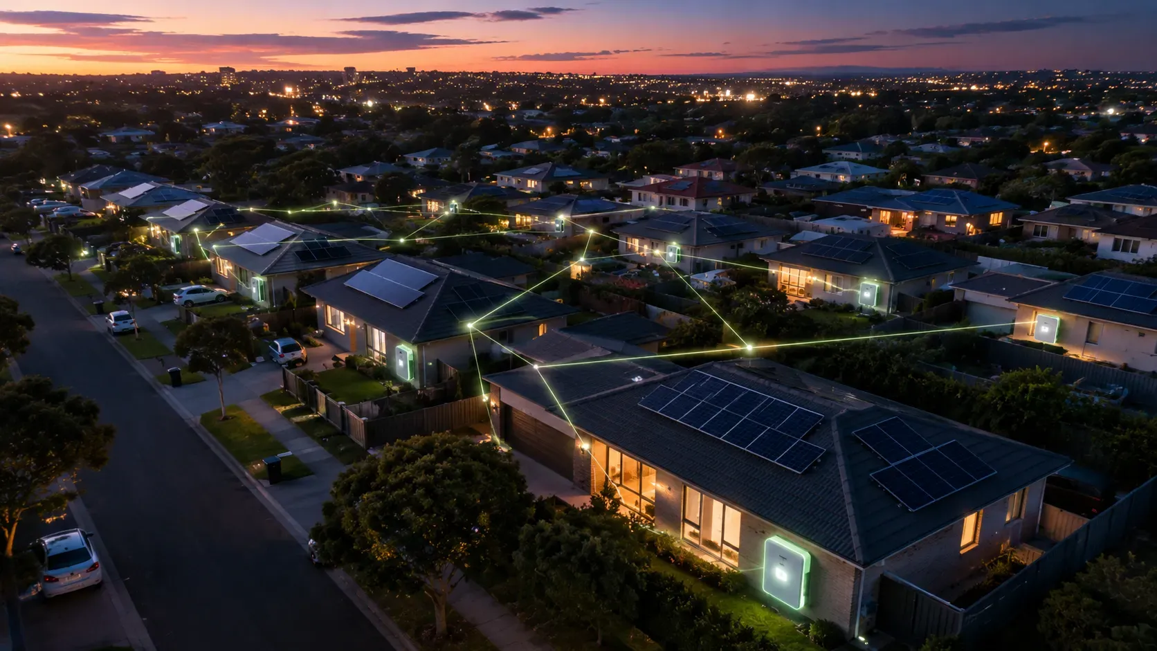 Aerial view of a suburban street at dusk with connected solar and battery homes