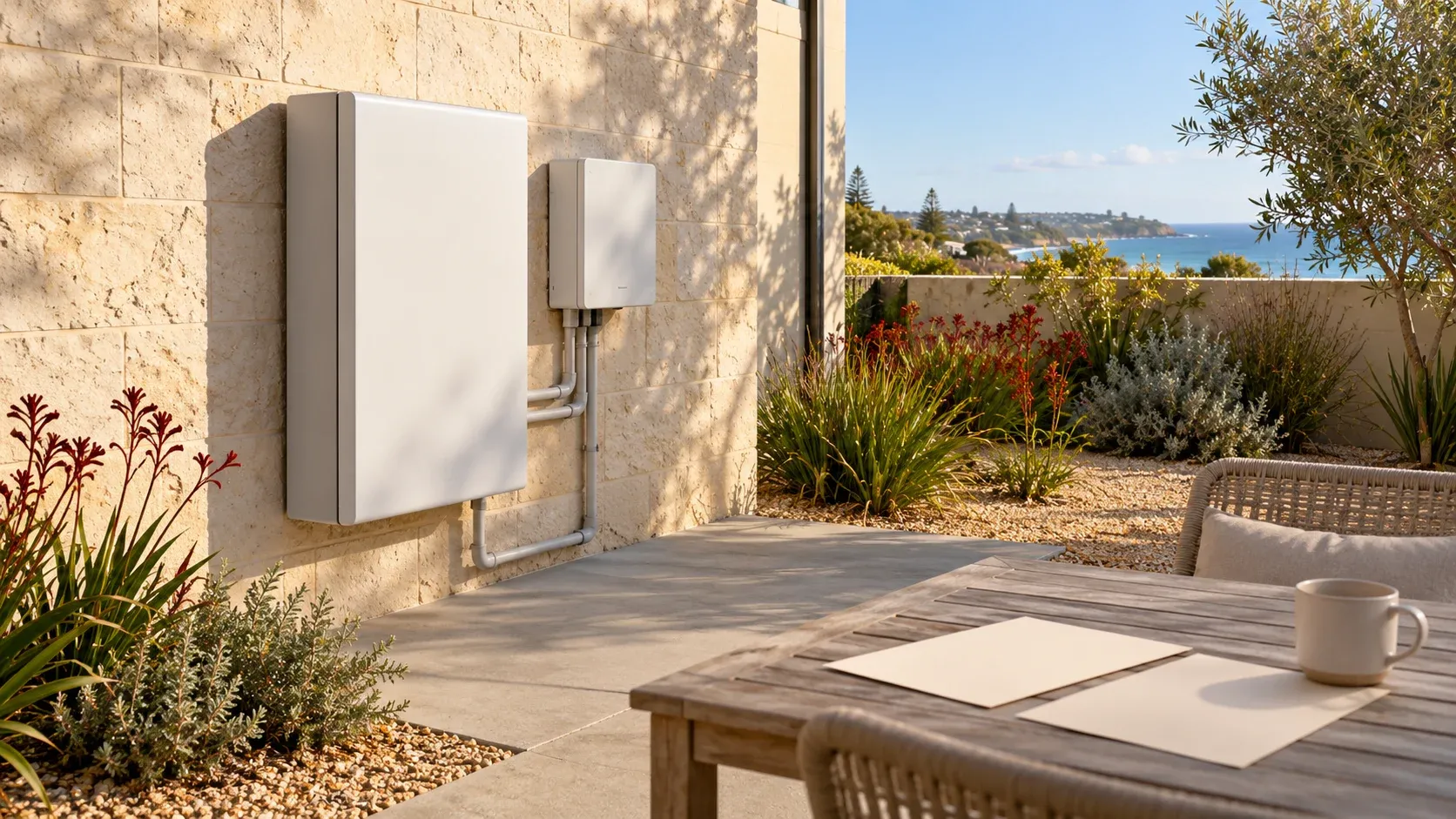 Unbranded battery beside a limestone courtyard table illustrating the WA battery rebate