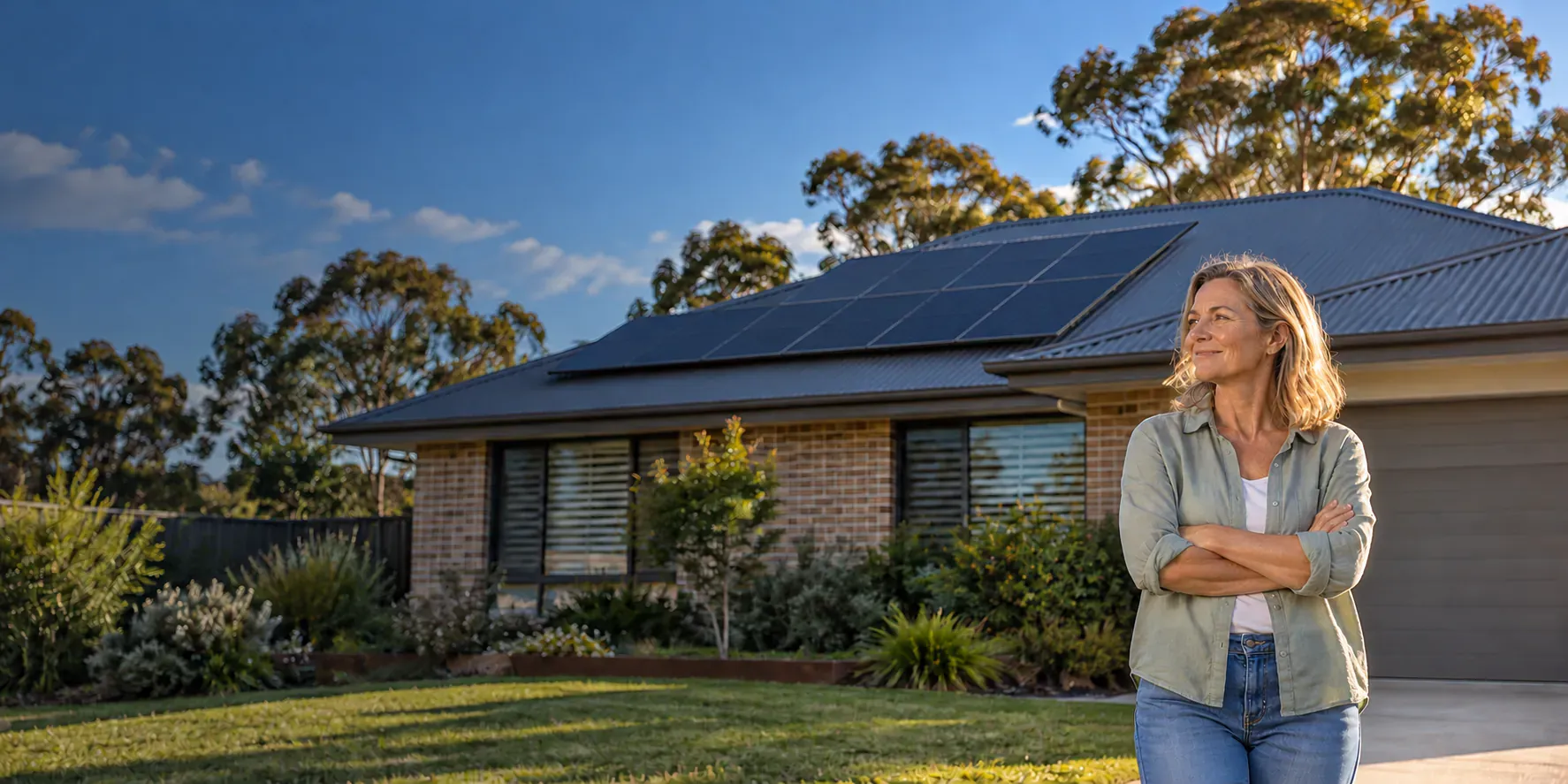 Homeowner standing outside an Australian brick home with rooftop solar panels