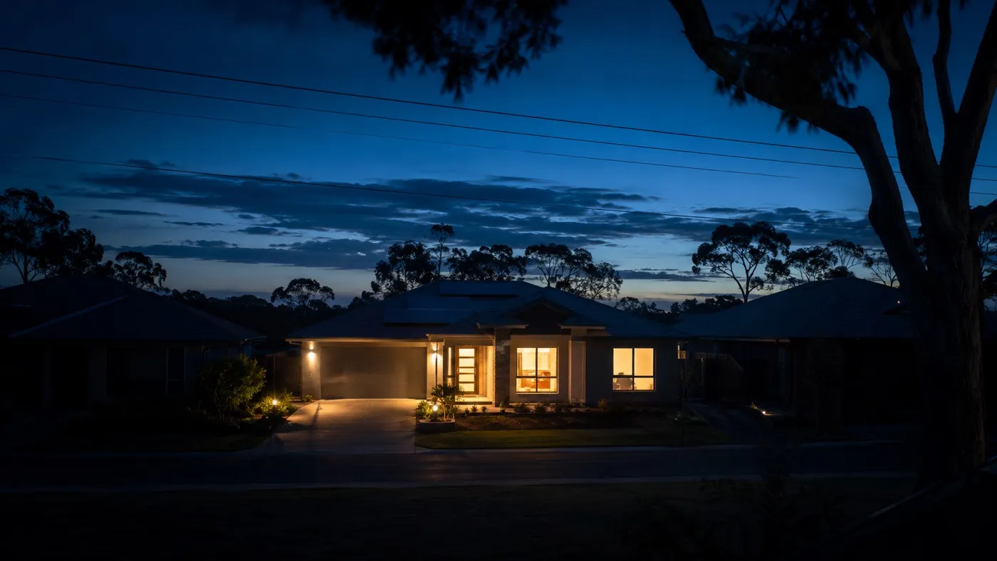 Suburban home with solar battery backup at dusk