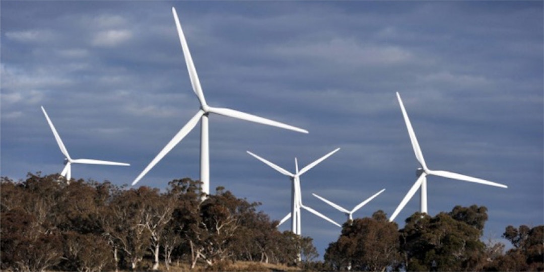 6 wind turbines mounted in woods with grey sky background